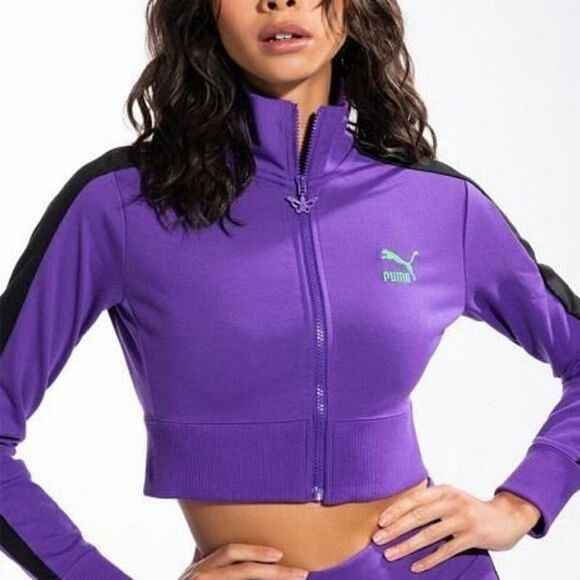 Puma X Dua Lipa T7 Cropped Jacket Purple Black Butterfly Logo XS Extra Small New - Picture 2 of 13